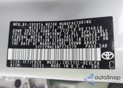 2022 Toyota Corolla Le from USA, damaged, VIN 5YFEPMAEXNP276279